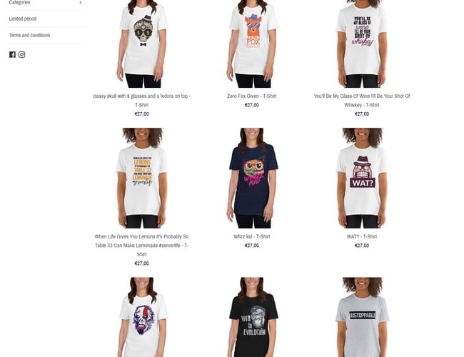 Komplet international dropshipping webshop, der sælger illustrationer og citater tryk på T-shirts