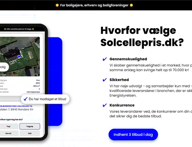 Solcellepris.dk - formidling af tilbud mellem boligejere og solcelleleverandører. Automatiseret platform, som skaffer og sælger leads til leverandører i branchen. 600+ udviklingstimer!
