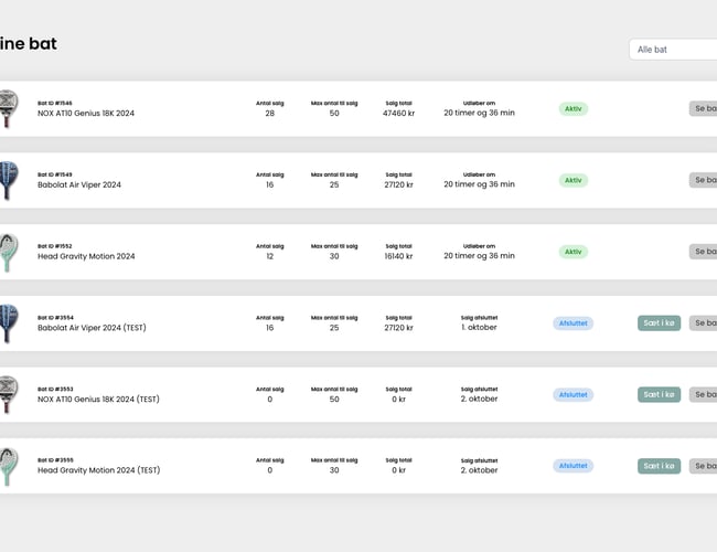 Padelbat.nu - vi hjælper forhandlere af padelbat til flere slag! Super lækker designet og 100% automatiseret platform, som sælger padelbat for forhandlere mod et mindre cut pr. salg.
