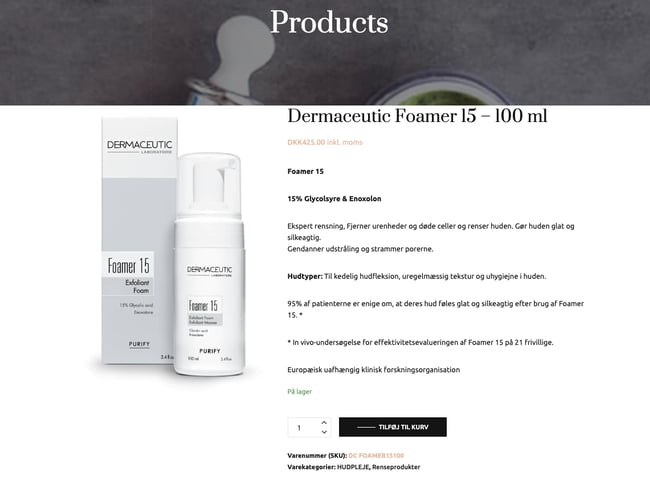 Hudpleje webshop med kliniske produkter - Varelager 70.000 kr. 