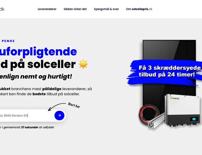 solcellepris.dk - formidling af tilbud mellem boligejere og solcelleleverandører. 100% automatiseret platform, som skaffer og sælger leads til leverandører i branchen. Ca. 600 udviklingstimer!