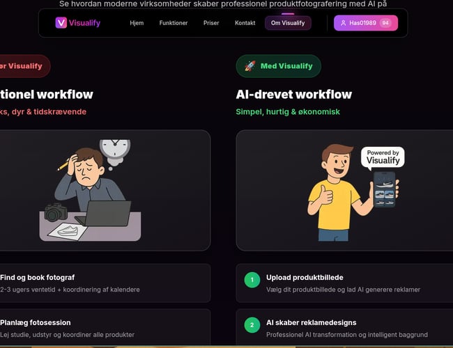 Visualify.dk - AI Produktfoto SaaS med Abonnement, Credits & Admin Panel