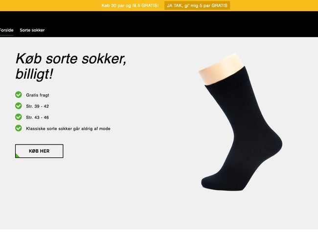 Webshop med salg af sorte sokker og med abonnementsløsning