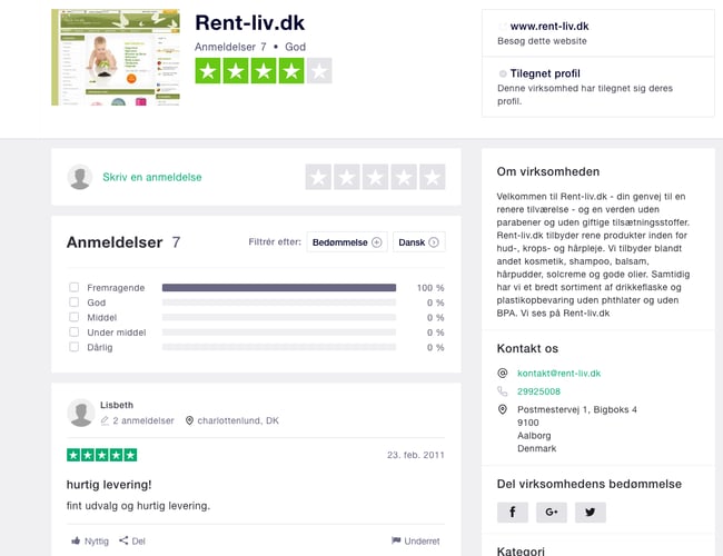 Rent-liv.dk - Webshop med rene produkter og god SEO placering - Omsat 10.200 i 2018.