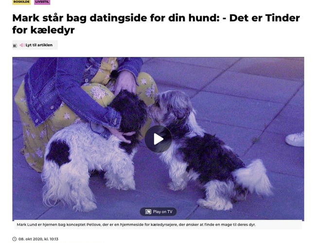 Tinder for kæledyr - Parrings partner for kæledyr - Omtalt i bl.a. TV2 og Se og hør. 