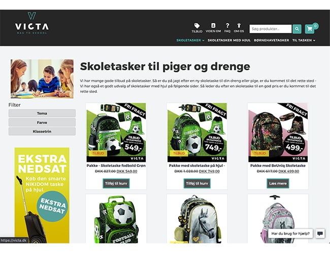 victa.dk - webshop med salg af skoletasker og speciale i rulletasker