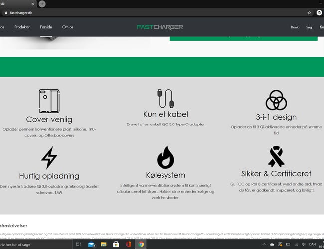 Køreklar Webshop side med salget af en unik trådløs Oplader til smartdevices