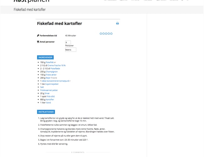 Kostplanen.dk til salg - Opskrift side med 2.900 artikler udgivet samt 28.000 mailadresser