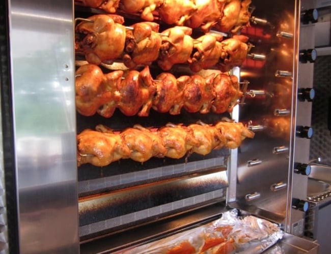 Salgsvogn med salg af spydstegte kyllinger, sandwich og lækker tilbehør