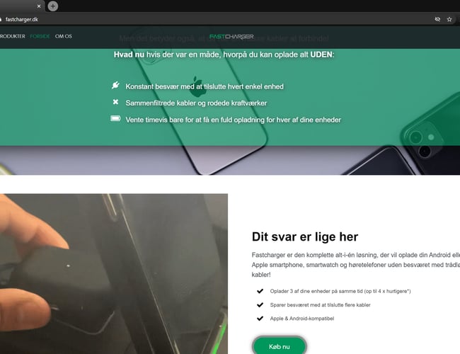 Køreklar Webshop side med salget af en unik trådløs Oplader til smartdevices