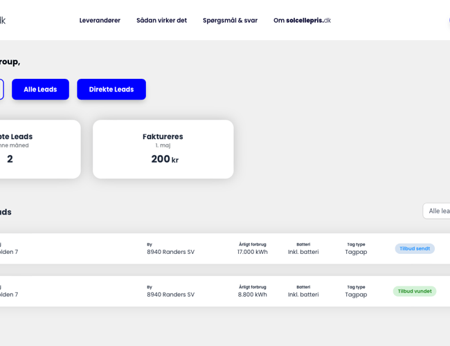 solcellepris.dk - formidling af tilbud mellem boligejere og solcelleleverandører. 100% automatiseret platform, som skaffer og sælger leads til leverandører i branchen. Ca. 600 udviklingstimer!