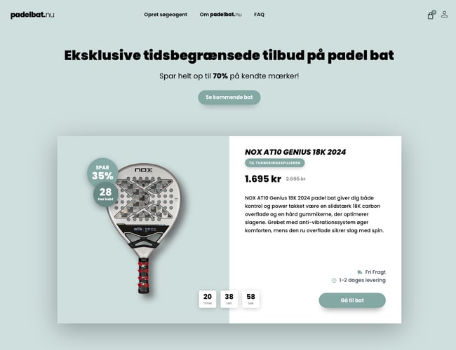 Padelbat.nu - vi hjælper forhandlere af padelbat til flere slag! Super lækker designet og 100% automatiseret platform, som sælger padelbat for forhandlere mod et mindre cut pr. salg.