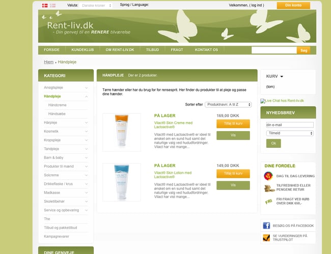 Rent-liv.dk - Webshop med rene produkter og god SEO placering - Omsat 10.200 i 2018.