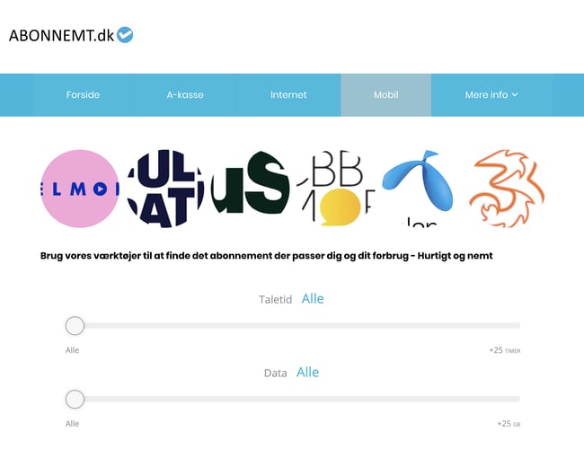 Kørende sammenlignings-side med internet, mobil og A-kasse-affiliate 