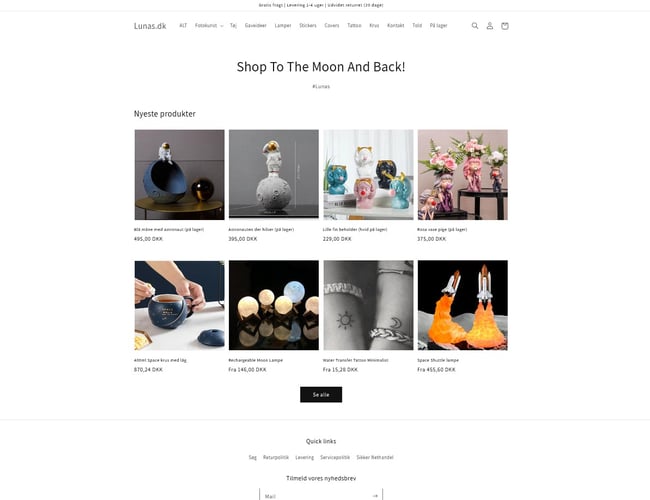 Dropshipping webshop - Produkter indenfor tema med måne og space