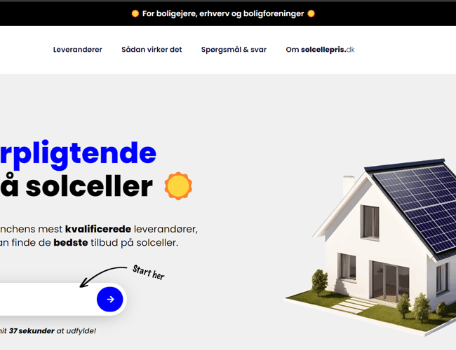 Solcellepris.dk - formidling af tilbud mellem boligejere og solcelleleverandører. Automatiseret platform, som skaffer og sælger leads til leverandører i branchen. 600+ udviklingstimer!