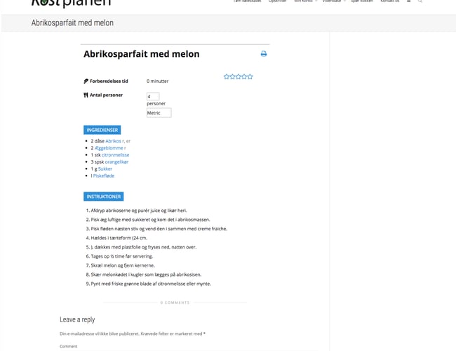 Kostplanen.dk til salg - Opskrift side med 2.900 artikler udgivet samt 28.000 mailadresser