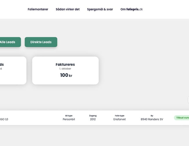 Foliepris.dk - formidling af tilbud mellem bilejere og foliemontører. Platform med indbygget leadgenerering og leadsalg, som håndteres 100% automatisk!