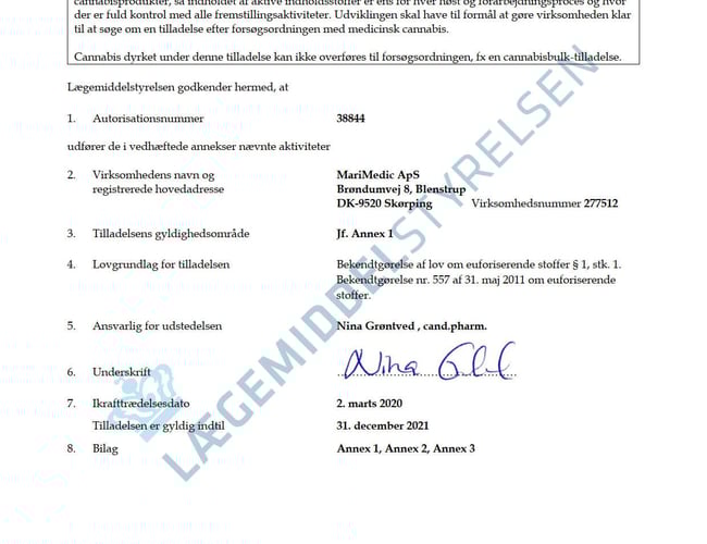 Produktionsvirksomhed med medicinsk cannabis - Tilladelse af lægemiddelsstyrelsen