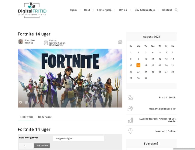 Online fritidsaktiviteter for børn - Oms. 2021 t.o.m. august: 280.000 kr. - Overskud: 30.000 kr.
