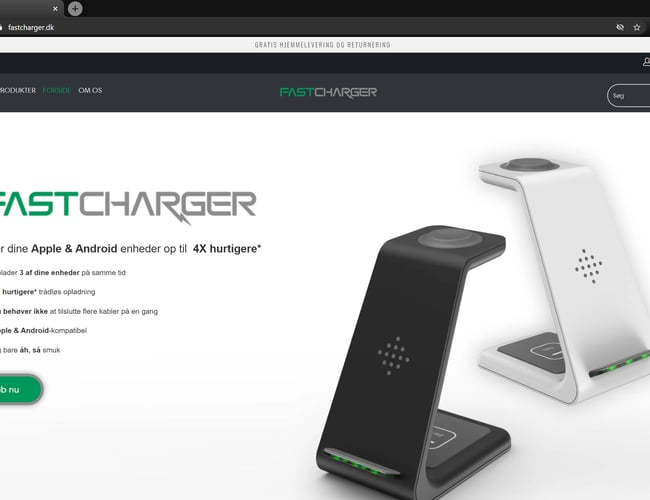 Køreklar Webshop side med salget af en unik trådløs Oplader til smartdevices