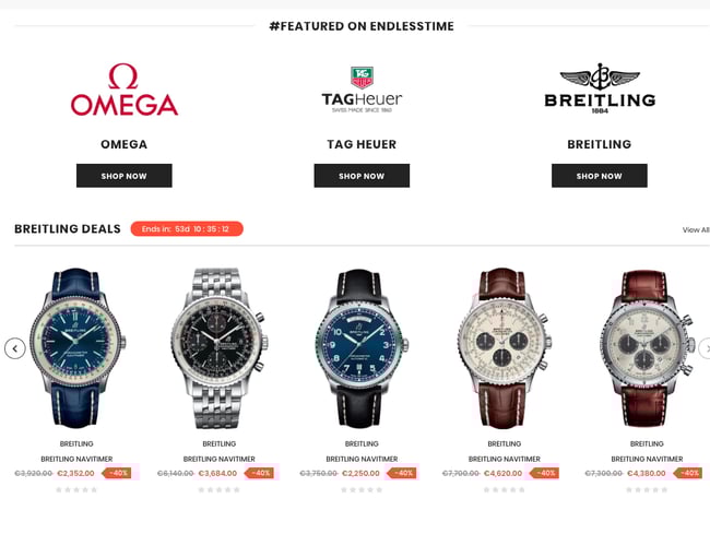 endlesstime.dk - Dropshipping webshop til salg med kendte ur brands som Omega, TAGHeuer osv.