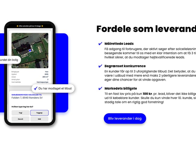 solcellepris.dk - formidling af tilbud mellem boligejere og solcelleleverandører. 100% automatiseret platform, som skaffer og sælger leads til leverandører i branchen. Ca. 600 udviklingstimer!