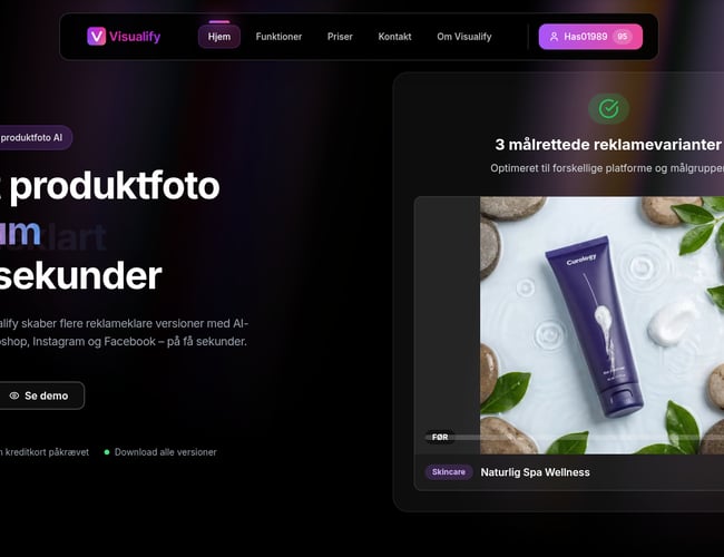 Visualify.dk - AI Produktfoto SaaS med Abonnement, Credits & Admin Panel