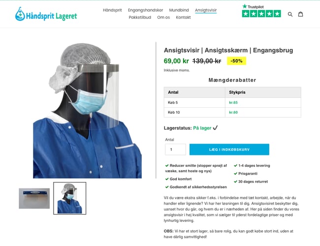 haandspritlageret.dk - Webshop med håndsprit og værnemidler - 313.000 omsætning på 14 dage (138.000 overskud) 