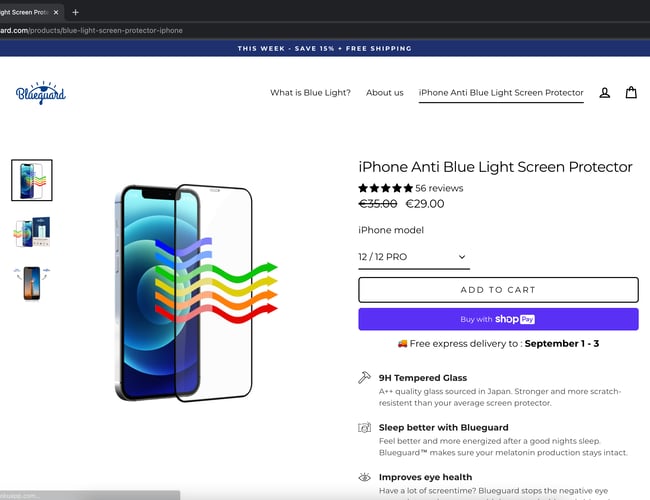 getblueguard.com - Eget brand med salg af panserglas. +500% markup.