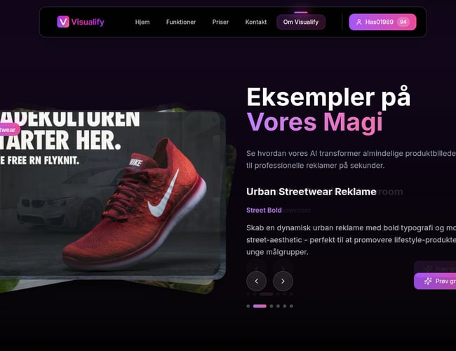 Visualify.dk - AI Produktfoto SaaS med Abonnement, Credits & Admin Panel