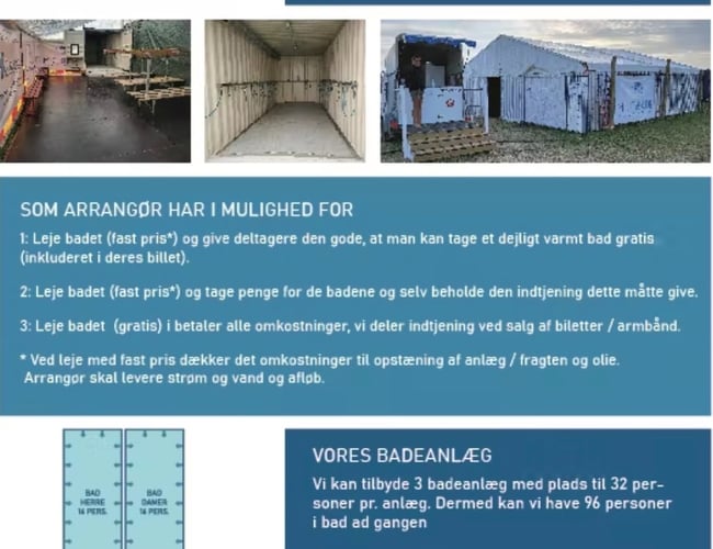 Udlejningsfirma med badefaciliteter til festivaler og mobil varmeanlæg - Søger partner - Roskilde, Smukfest, Nibe m.m.