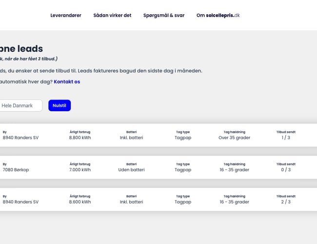 solcellepris.dk - formidling af tilbud mellem boligejere og solcelleleverandører. 100% automatiseret platform, som skaffer og sælger leads til leverandører i branchen. Ca. 600 udviklingstimer!