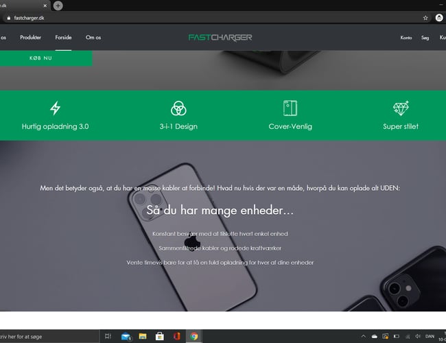 Køreklar Webshop side med salget af en unik trådløs Oplader til smartdevices