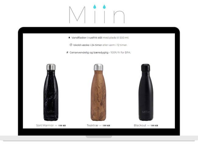 Miin Bottle - Ledende webshop af genanvendelige vandflasker - Samlet salg for 1.7 mio kr. med en Trustpilot rating på 4.7