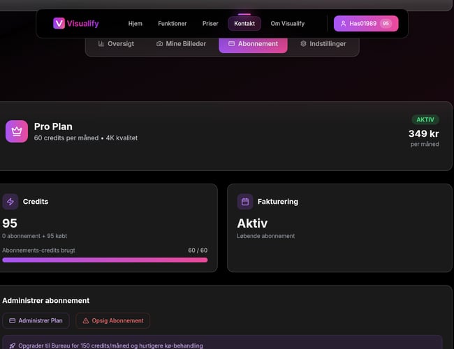 Visualify.dk - AI Produktfoto SaaS med Abonnement, Credits & Admin Panel