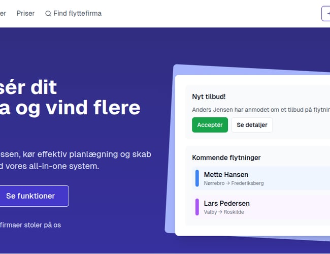 WeMoove - Ny SaaS til flyttebranchen med indbygget bookingsystem, samt medarbejder- og flådehåndtering. Skræddersyede flyttetilbud på få sekunder med hjælpe fra AI. 400 udviklingstimer brugt.