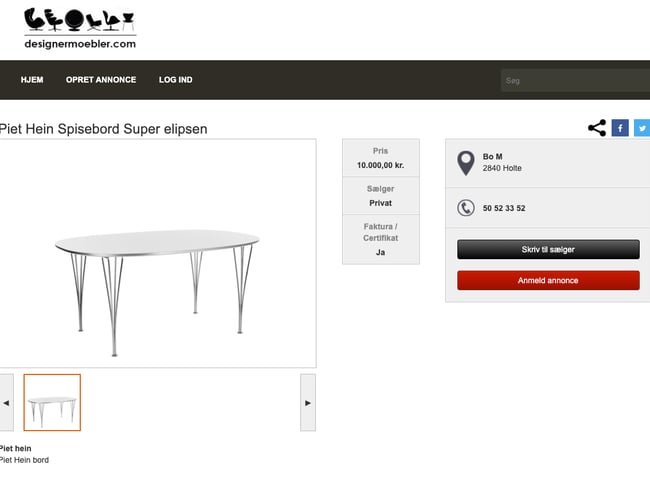 Salgsportal med salg af eksklusive brugte designermøbler og lamper