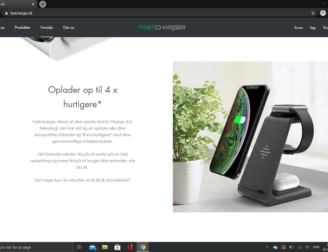 Køreklar Webshop side med salget af en unik trådløs Oplader til smartdevices