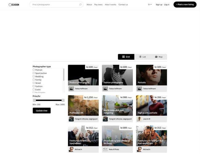Online markedsplads med freelance fotografer 